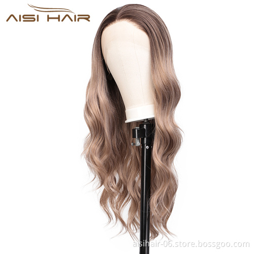 Aisi Hair Cheap Long Wavy Ombre Brown Dark Root Wig Body Wave Lace Front Wig Synthetic Fiber Front Lace Wigs For Black Women